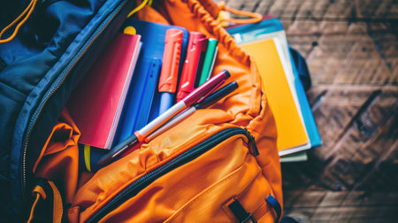 A close-up of a backpack with school supplies spilling out.の素材
