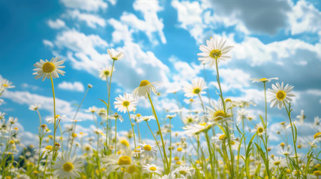 A field of daisies under a bright blue sky, with fluffy white clouds.の素材