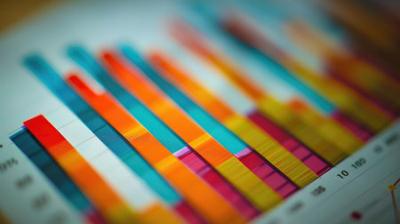 A close-up of a business report with colorful bar and line graphs.の素材