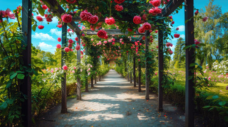A pathway lined with blooming rose bushes, under a bright blue skyの素材