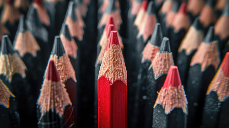 Conceptual image of a red pencil standing out from a crowd of identical black pencils, representing dissent and the courage to think differentlyの素材