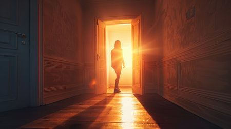 Person emerging from darkness into sunlight through an open door, capturing the metaphor of new beginnings and optimismの素材