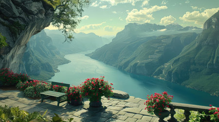 A scenic viewpoint overlooking a beautiful fjordの素材