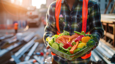 Construction worker on site, double exposure with a heart-shaped vegetable dish, promoting wellness in labor.の素材