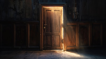 A closed door with light shining underneath, symbolizing opportunities and secrets.の素材