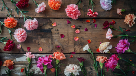 A mix of colorful carnations scattered on a rustic wooden floor, adding a touch of elegance.の素材