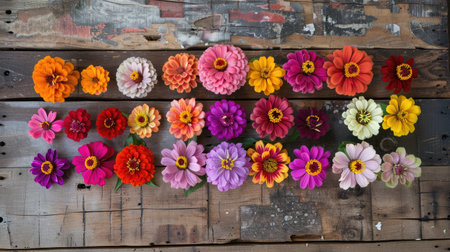 A variety of zinnias arranged in a circular pattern on a rustic wooden floor, their colors creating a lively visual.の素材