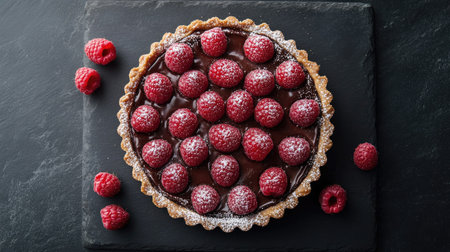 Top view of a gourmet chocolate tart with fresh raspberries and a dusting of powdered sugar on a dark slate surfaceの素材