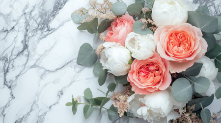 Top view of a bouquet of roses, peonies, and eucalyptus on a marble backgroundの素材