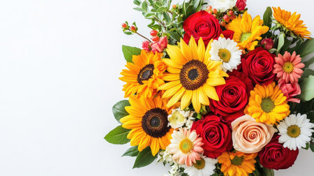 Top view of a bouquet of sunflowers, daisies, and roses on a white backgroundの素材
