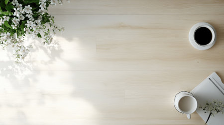 Top view of a light birch wooden floor with subtle grain patterns, ideal for bright and airy interiorsの素材