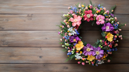 Top view of a wreath made of colorful spring flowers on a wooden surfaceの素材