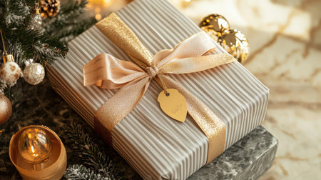 A beautifully wrapped gift with a luxurious satin ribbon and a gold gift tag, ideal for a special celebrationの素材