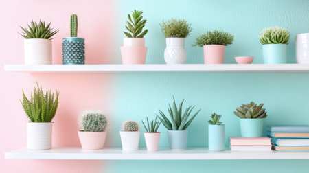 Set of white wall shelves showcasing a mix of decorative plants, books, and quirky knick-knacks, with a pastel-colored wall background.の素材