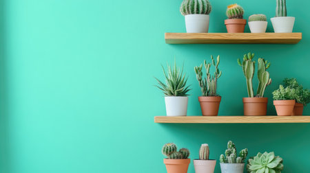 Wall-mounted shelf with a variety of small cactus plants, set against a turquoise accent wall in a bright room.の素材
