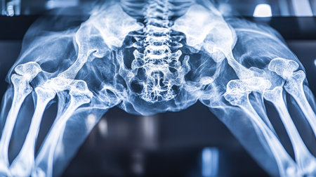 X-ray image of a abdomen, showing bones and internal organs on a veterinary clinic screen.の素材