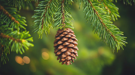 Close-up of a fresh pine cone hanging from a branch, with vibrant green needles against a blurred natural background.の素材