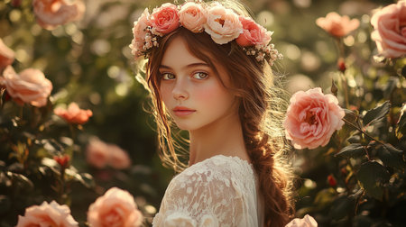 A pretty young girl with a flower crown and a gentle smile, standing in a garden filled with blooming roses.の素材