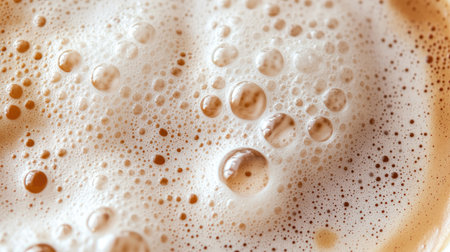 Close-up of a bubbly, foamy texture on the surface of a latte, perfect for coffee-related themes.の素材