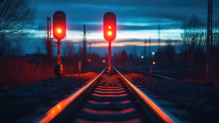 A railway crossing with signal lights flashing, illustrating safety, travel, and transportation themes.の素材