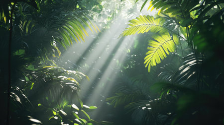 Flash of light piercing through a dense jungle canopy, highlighting leaves and creating dramatic shadows.の素材