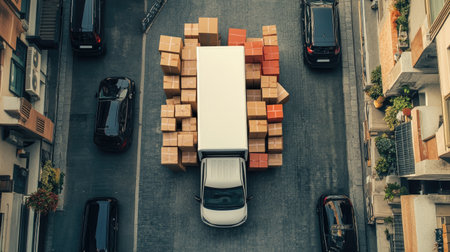 Top view of a delivery van filled with packages, depicting a busy day of delivering online ordersの素材