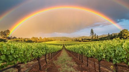A rainbow forming a stunning backdrop to a serene vineyard with rows of grapevines and a clear, sunny skyの素材