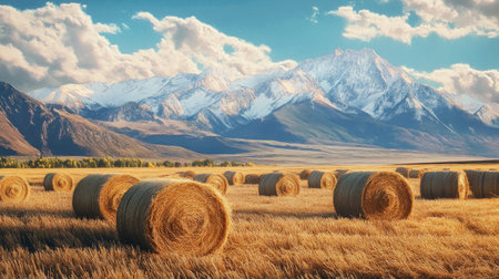 A picturesque landscape of hay bales in a field with a backdrop of snow-capped mountains under a bright sky.の素材