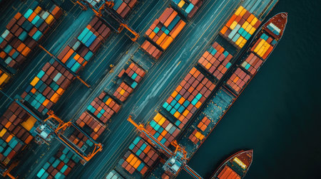 Aerial view of a busy shipping port filled with multicolored stacked shipping containers and cranes loading cargo.の素材