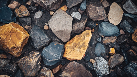 A close-up of a textured rocky ground with different sizes and shapes of stones, under a bright natural lightの素材