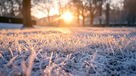 A frost-covered ground in a park, with delicate ice crystals on grass blades, under the golden light of a winter morning -の素材