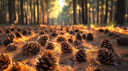 A ground covered with fallen pine cones and needles in a dense pine forest, with dappled sunlight filtering throughの素材
