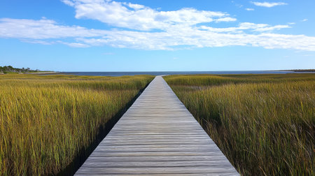 A wooden boardwalk ground in a coastal marsh, with tall grasses on either side, leading toward the open ocean horizonの素材