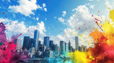 A surreal scene of a city skyline with colorful paint splashes across the sky, representing urban creativityの素材
