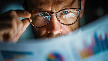 Focused man reading financial report with glasses, analyzing data trends and statistics. expression shows concentration and determination in understanding complex informationの素材