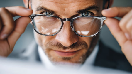Focused man adjusts his glasses, showcasing confident expression. close up highlights his sharp features and professional attire, conveying sense of determination and intelligenceの素材