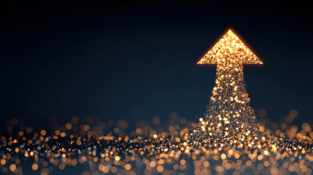 Glowing arrow made of sparkling particles points upward, symbolizing growth and progress. dark background enhances brightness of lights, creating captivating visual effectの素材