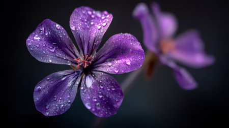 Close up view of vibrant purple flower adorned with water droplets, showcasing its delicate petals and intricate details. dark background enhances flower beauty, creating serene and refreshingの素材
