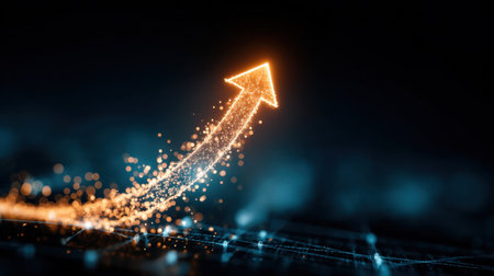 Glowing arrow symbolizing growth and progress, surrounded by digital background with sparkling particles. This conveys sense of upward movement and success in modern contextの素材