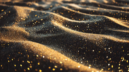 Golden sand glistens under sunlight, creating mesmerizing texture with soft waves and sparkling particles. warm tones evoke sense of tranquility and beauty in natureの素材