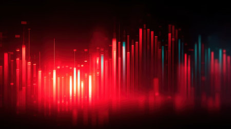 Vibrant digital sound waves create mesmerizing visual display in shades of red and teal, evoking sense of energy and rhythm. This abstract representation of audio frequencies captivates viewerの素材