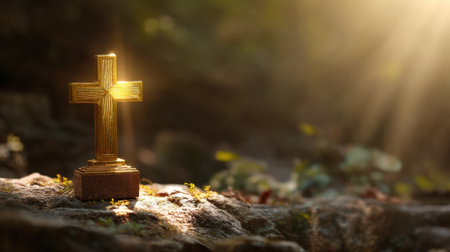 Golden cross stands prominently on rocky surface, illuminated by soft sunlight filtering through trees, creating serene and spiritual atmosphereの素材