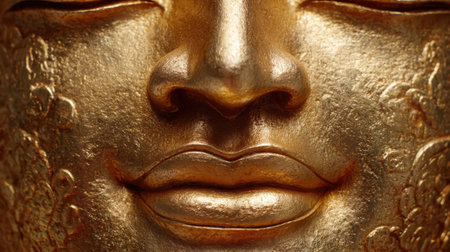 Golden Buddha face serene expression intricate details spiritual art close up photography textured surface peaceful visage cultural symbol meditation focus artistic representationの素材