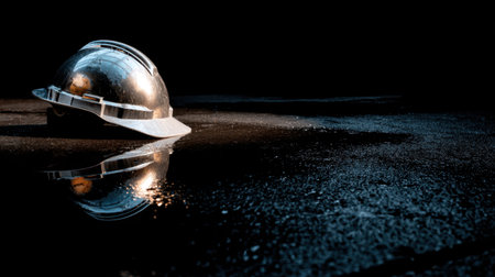 Reflective construction helmet rests on wet surface, showcasing its shiny exterior against dark background. image evokes sense of safety and professionalism in construction industryの素材