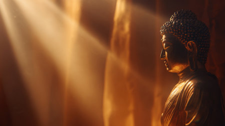 Serene golden Buddha statue illuminated by soft rays of light creates tranquil atmosphere. warm tones and gentle shadows enhance spiritual essence of sceneの素材