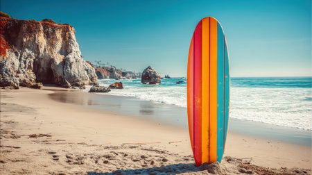 Vibrant surfboard stands on sandy beach, surrounded by stunning cliffs and gentle ocean waves. clear blue sky enhances cheerful atmosphere, inviting beachgoers to enjoy sun and surfの素材