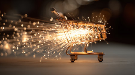 Shopping cart emits vibrant sparks, symbolizing excitement and energy in retail. glowing effect creates dynamic atmosphere, enhancing shopping experienceの素材