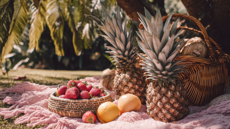 Vibrant picnic scene featuring fresh strawberries, pineapples, and lemons arranged beautifully on pink blanket under tree. setting exudes warm, inviting atmosphere perfect for outdoor gatheringsの素材
