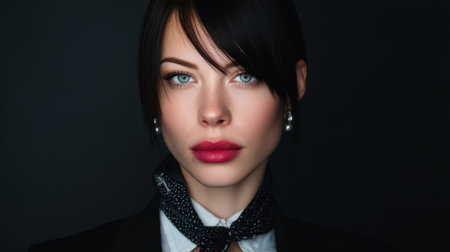 Striking portrait of woman with captivating blue eyes and dark hair, wearing stylish outfit complemented by scarf. image conveys elegance and confidence, set against dark backgroundの素材