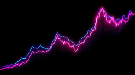 Vibrant digital graph displays rising trend with neon blue and pink lines against dark background, symbolizing growth and progress in data analysis or financial marketsの素材